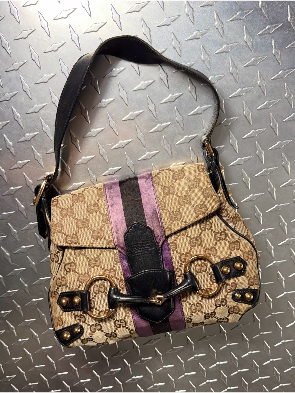 Gucci Vintage 1955 Horsebit Canvas GG Shoulder Bag in Brown/Purple - Picture 3 of 11